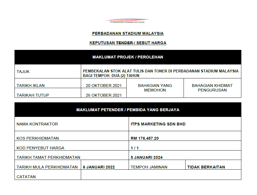 KEPUTUSAN SEBUTHARGA PEMBEKALAN STOK ALAT TULIS DAN TONER DI PERBADANAN STADIUM MALAYSIA BAGI TEMPOH DUA (2) TAHUN