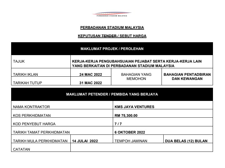 KEPUTUSAN SEBUTHARGA KERJA-KERJA PENGUBAHSUAIAN PEJABAT SERTA KERJA-KERJA LAIN YANG BERKAITAN DI PERBADANAN STADIUM MALAYSIA