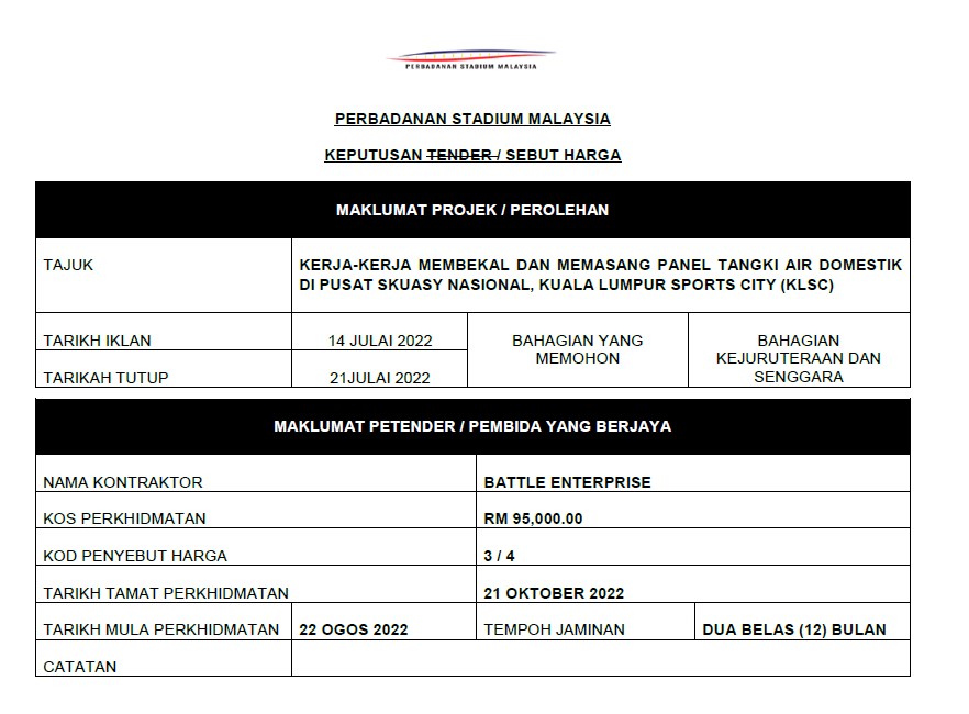 KEPUTUSAN SEBUTHARGA KERJA-KERJA MEMBEKAL DAN MEMASANG PANEL TANGKI AIR DOMESTIK DI PUSAT SKUASY NASIONAL, KUALA LUMPUR SPORTS CITY (KLSC)