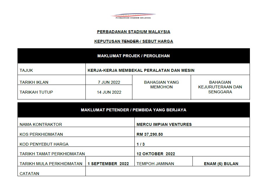 KEPUTUSAN SEBUTHARGA KERJA-KERJA MEMBEKAL PERALATAN DAN MESIN