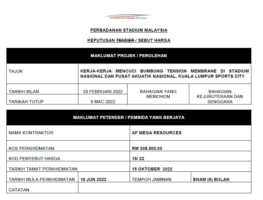 KERJA-KERJA MENCUCI BUMBUNG TENSION MEMBRANE DI STADIUM NASIONAL DAN PUSAT AKUATIK NASIONAL, KUALA LUMPUR SPORTS CITY