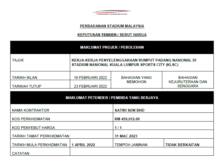 KERJA-KERJA PENYELENGGARAAN RUMPUT PADANG NASIONAL DI STADIUM NASIONAL KUALA LUMPUR SPORTS CITY (KLSC)