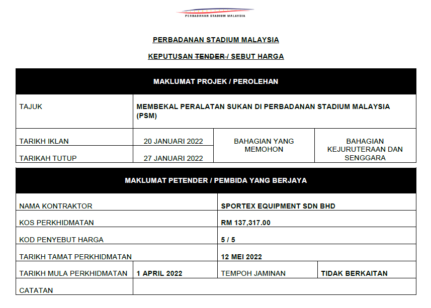MEMBEKAL PERALATAN SUKAN DI PERBADANAN STADIUM MALAYSIA (PSM)