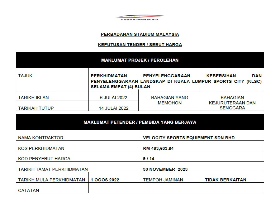 KEPUTUSAN SEBUTHARGA PERKHIDMATAN PENYELENGGARAAN KEBERSIHAN DAN PENYELENGGARAAN LANDSKAP DI KUALA LUMPUR SPORTS CITY (KLSC) SELAMA EMPAT (4) BULAN