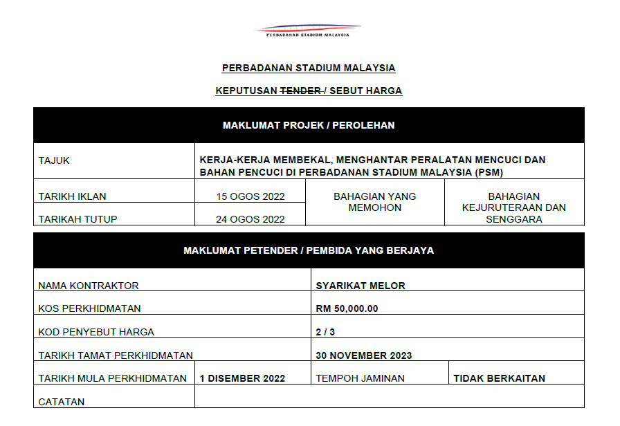 KERJA-KERJA MEMBEKAL, MENGHANTAR PERALATAN MENCUCI DAN BAHAN PENCUCI DI PERBADANAN STADIUM MALAYSIA (PSM) 