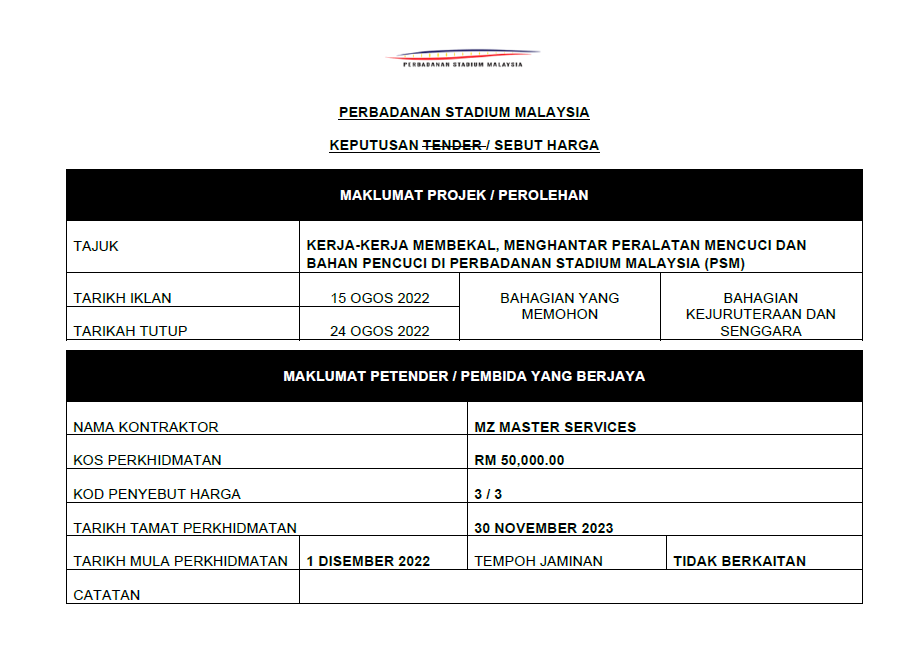 KERJA-KERJA MEMBEKAL, MENGHANTAR PERALATAN MENCUCI DAN BAHAN PENCUCI DI PERBADANAN STADIUM MALAYSIA (PSM) 