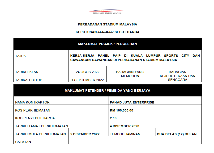 KERJA-KERJA PANEL PAIP DI KUALA LUMPUR SPORTS CITY DAN CAWANGAN-CAWANGAN DI PERBADANAN STADIUM MALAYSIA 