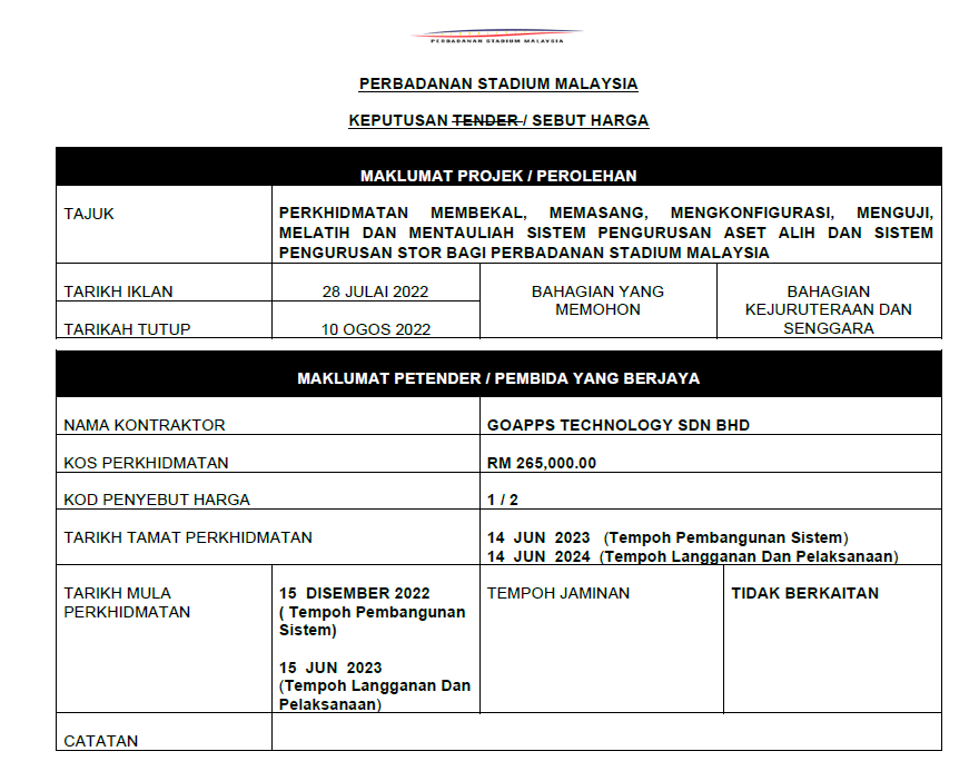 PERKHIDMATAN MEMBEKAL, MEMASANG, MENGKONFIGURASI, MENGUJI, MELATIH DAN MENTAULIAH SISTEM PENGURUSAN ASET ALIH DAN SISTEM PENGURUSAN STOR BAGI PERBADANAN STADIUM MALAYSIA