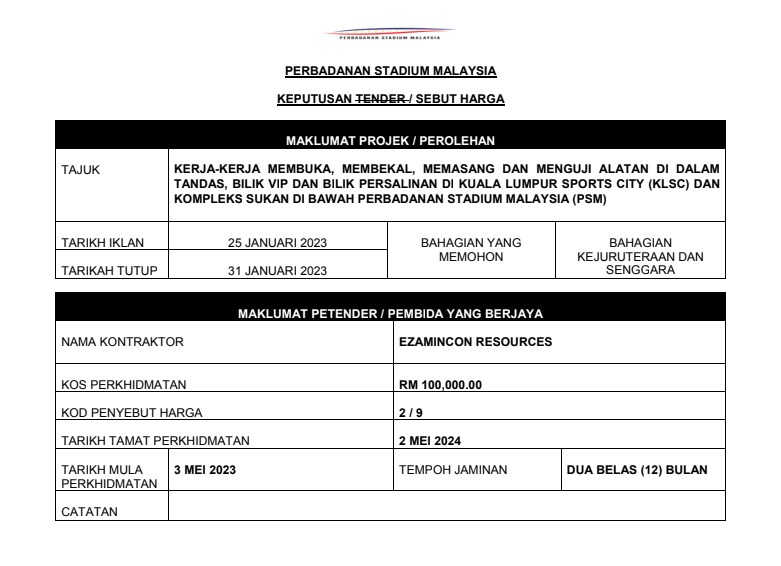 KERJA-KERJA MEMBUKA, MEMBEKAL, MEMASANG DAN MENGUJI ALATAN DI DALAM TANDAS, BILIK VIP DAN BILIK PERSALINAN DI KUALA LUMPUR SPORTS CITY (KLSC) DAN KOMPLEKS SUKAN DI BAWAH PERBADANAN STADIUM MALAYSIA (PSM)