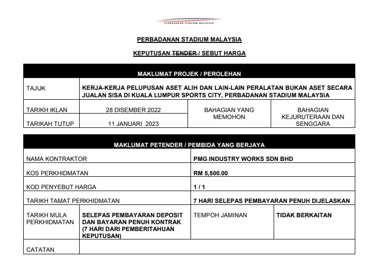 KERJA-KERJA PELUPUSAN ASET ALIH DAN LAIN-LAIN PERALATAN BUKAN ASET SECARA JUALAN SISA DI KUALA LUMPUR SPORTS CITY, PERBADANAN STADIUM MALAYSIA