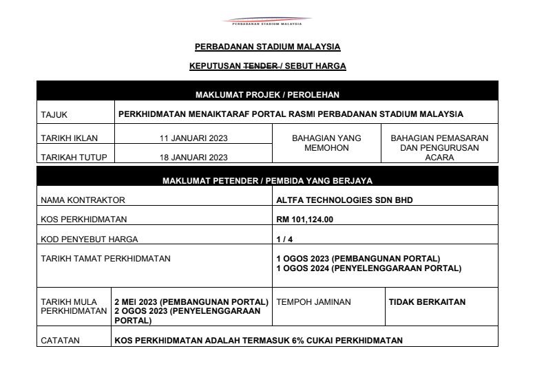PERKHIDMATAN MENAIKTARAF PORTAL RASMI PERBADANAN STADIUM MALAYSIA