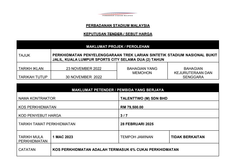 PERKHIDMATAN PENYELENGGARAAN TREK LARIAN SINTETIK STADIUM NASIONAL BUKIT JALIL, KUALA LUMPUR SPORTS CITY SELAMA DUA (2) TAHUN